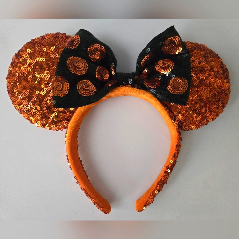 Disney Parks Sparkling Orange Sequin Halloween Minnie Mouse Ears Headband